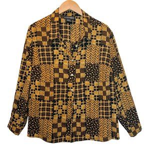 Gold Brown Womens Long Sleeve Top Blouse 16W Plus Print Geometric Officewear
